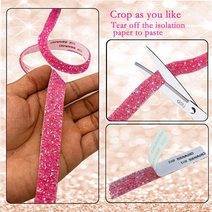 Self Adhesive Pink Resin Rhinestone Strips Rhinestones Ribbon，4 Yards Bling Crystal Ribbons Diamond Sticker Applicable to Wedding Birthday Christmas Party DIY Crafts (Pink AB)