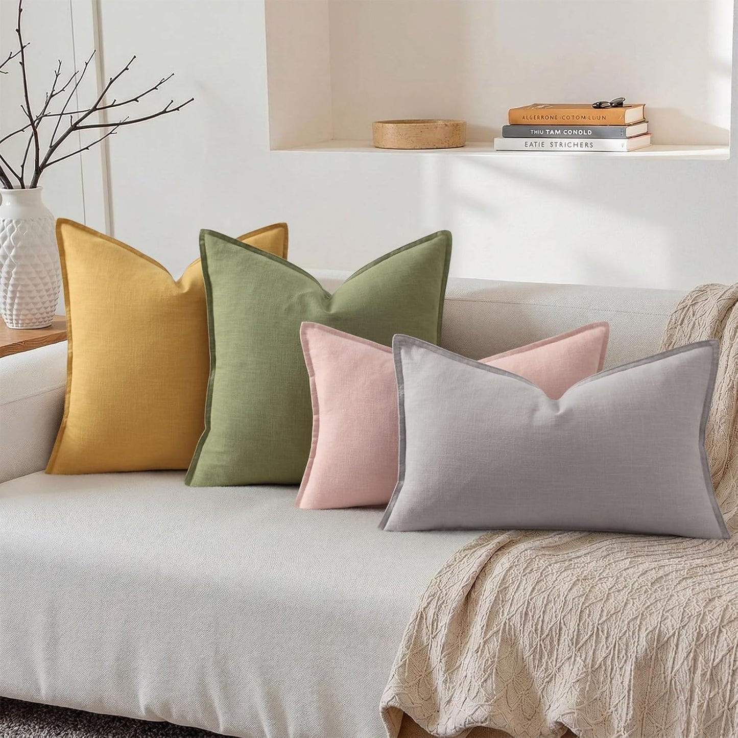 decorUhome Summer Decorative Linen Throw Pillow Covers 12x20 Inch Set of 2 Pink Lumbar Pillow Covers with Flange Edges Soft Farmhouse Boho Accent Pillow Cases for Couch Bed Living Room