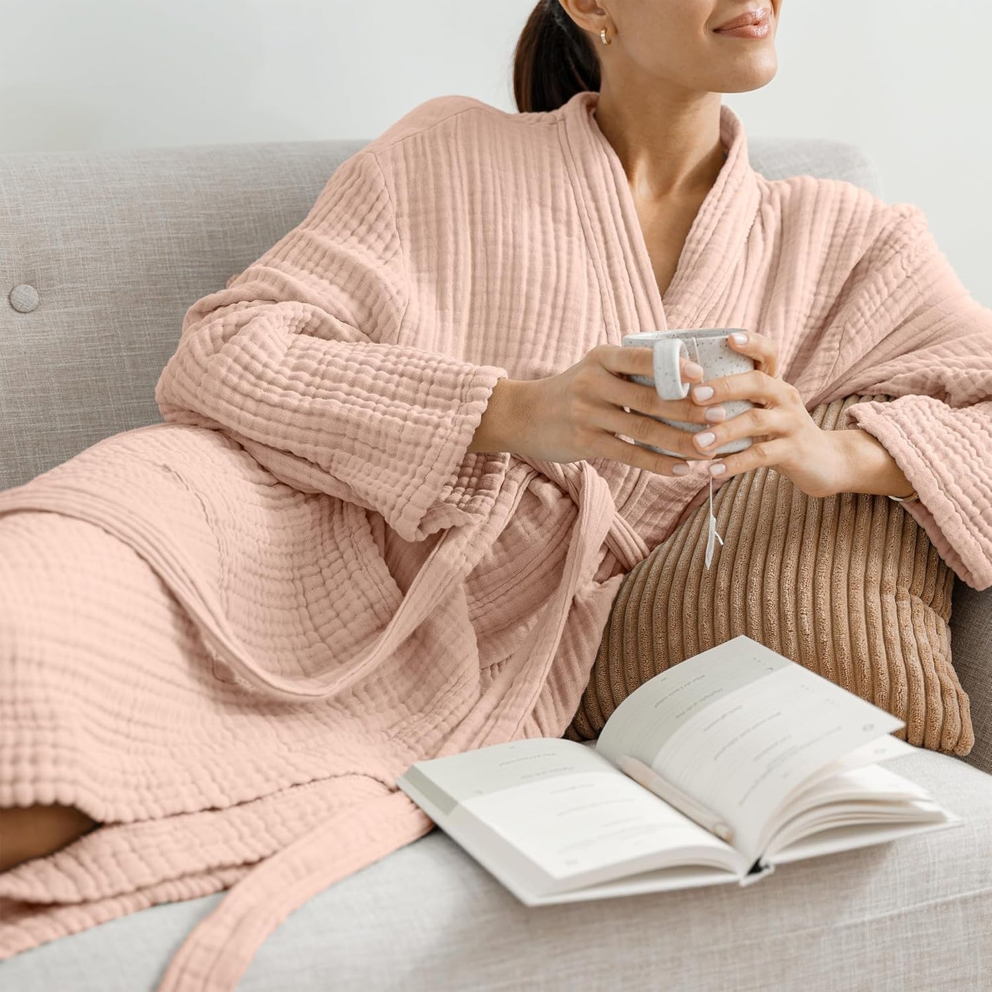 Comfy Cubs 100% Cotton Muslin Bathrobe - 4-Layer Absorbent Robe with Pockets & Belt for Bath, Spa, or Lounging