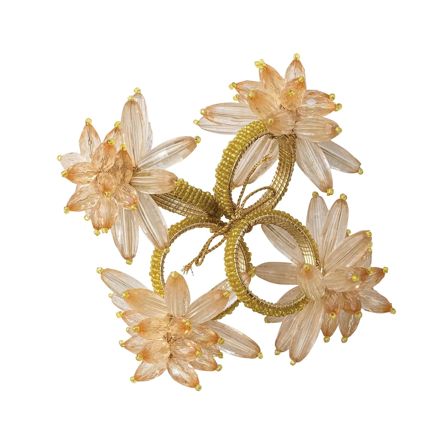 Creative Co-Op 4-Piece Round Handmade Acrylic and Glass Beaded Flower Napkin Rings with Gold Cord, Pink and Yellow Finish