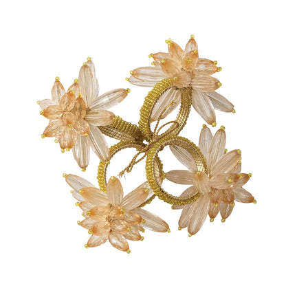 Creative Co-Op 4-Piece Round Handmade Acrylic and Glass Beaded Flower Napkin Rings with Gold Cord, Pink and Yellow Finish