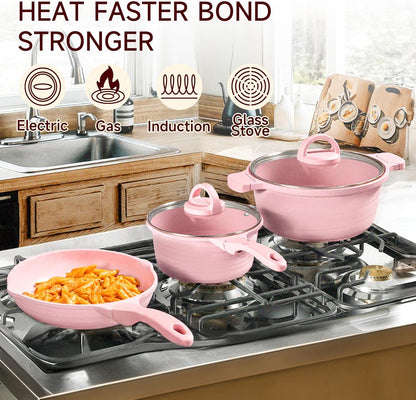 JEETEE Pink Pots and Pans Set Nonstick 23pcs, Healthy Kitchen Cookware Sets, Induction Cooking Set Pink Frying Pans, Saucepans, Sauté & Griddle & Crepe Pan (PFOA & PFAS Free)