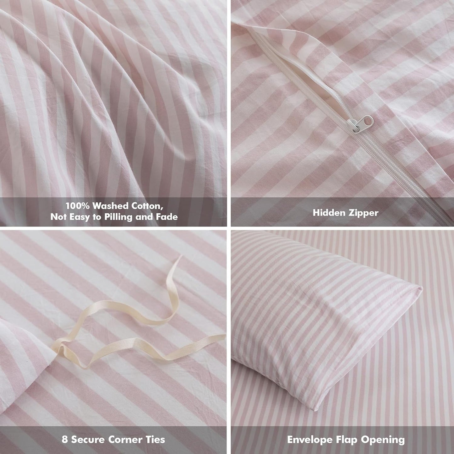 FOSSA Striped Duvet Cover Set 100% Washed Cotton Linen Feel Super Soft Breathable Cozy 3 Pieces Bedding Sets Greyish Pink White Classic Stripes Twin