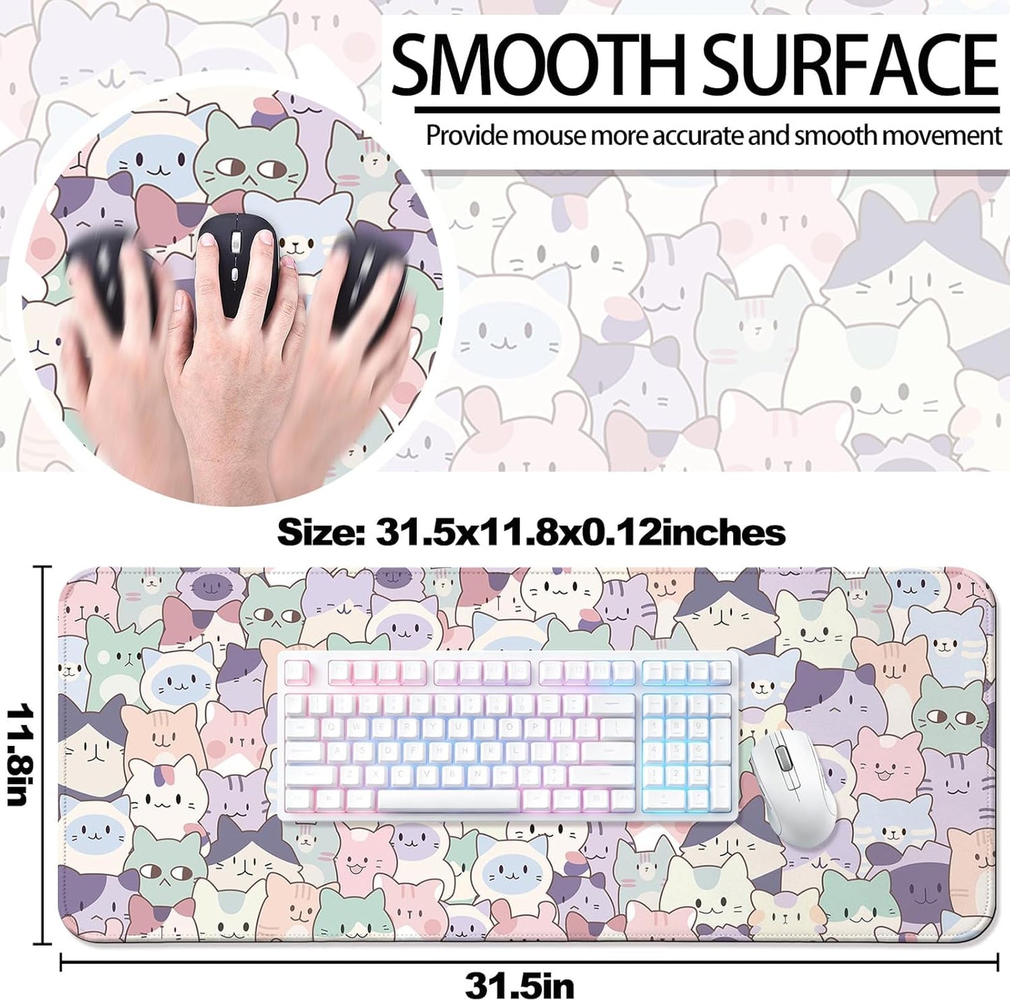 Cute Pink Cat Gaming Desk Mat, Computer Keyboard Large Extended Kawaii Pastel Cat Mouse Pad for Office and Home, 31.5×11.8 Inches, XL
