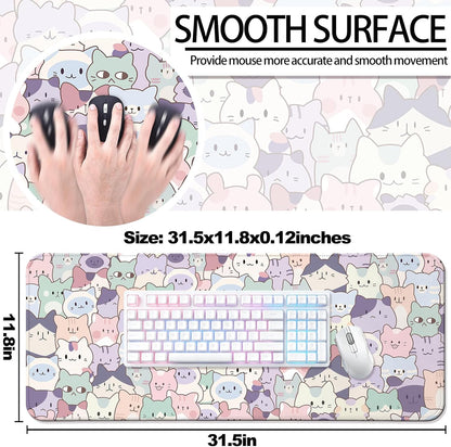 Cute Pink Cat Gaming Desk Mat, Computer Keyboard Large Extended Kawaii Pastel Cat Mouse Pad for Office and Home, 31.5×11.8 Inches, XL
