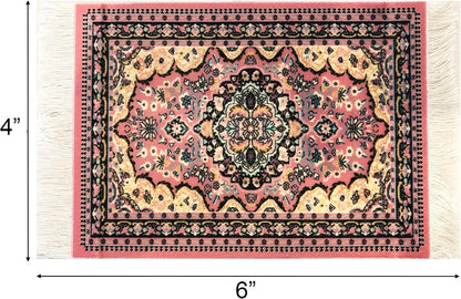 Set of 4 Carpet-Style Coasters – Pink Oriental Rug Design Drink mats with Fringe, Absorbent and Non-Slip for Coffee, Tea, Wine