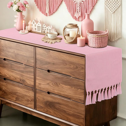 yuboo Pink Table Runner 72 Inches Long, Boho Woven Linen Farmhouse Dresser Table Runners with Tassels, Blush Pink Textured Table Decor for Kitchen Dining, Wedding, Party, Bridal Shower, Baby Shower