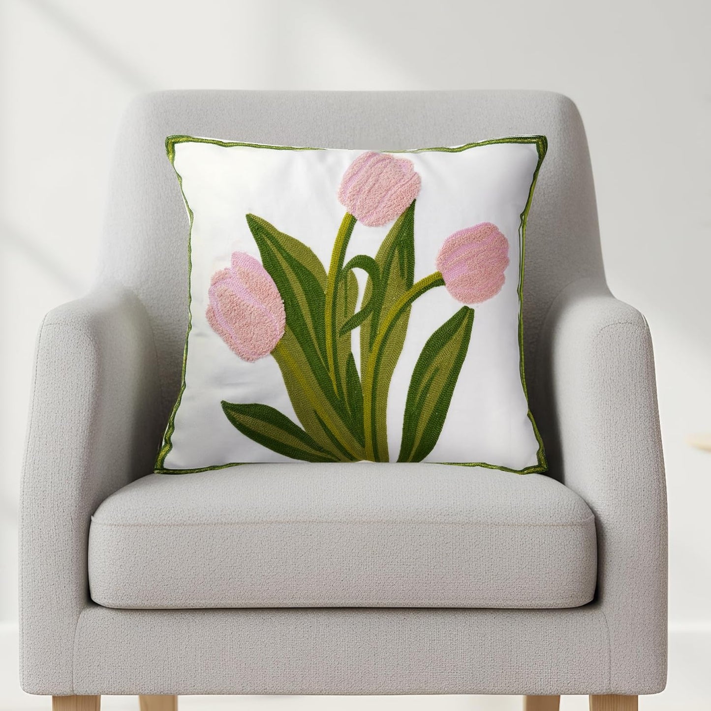Embroidered Boho Floral Pillow Covers 18x18 Inch Linen Spring Decorative Throw Pillow Cases for Living Room Couch Sofa Bed Home Decor (Pink)