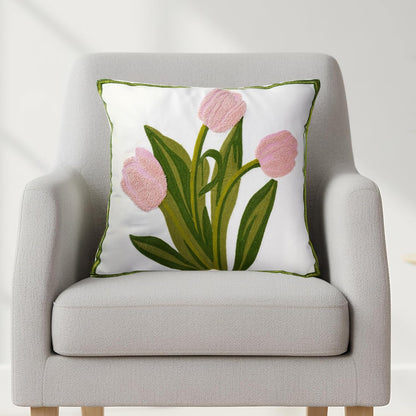 Embroidered Boho Floral Pillow Covers 18x18 Inch Linen Spring Decorative Throw Pillow Cases for Living Room Couch Sofa Bed Home Decor (Pink)