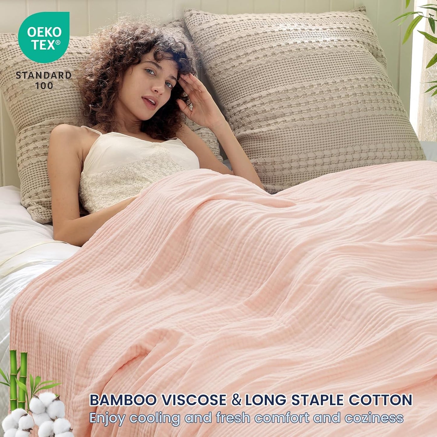 PHF Cooling Muslin Blanket King Size, Lightweight Gauze Blanket for Adults, 60% Rayon Derived from Bamboo & 40% Cotton for Summer, 4-Layer Soft Breathable for Hot Sleepers, 108"x90", Pink Rose