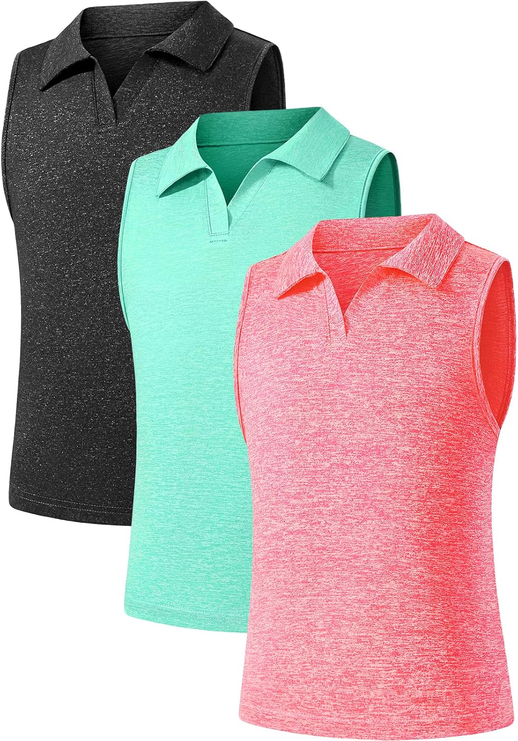 Star Vibe 3 Pack Youth Girls Sleeveless Polo Shirts V-Neck Lightweight Athletic T-Shirt Quick Dry Golf Tennis Tank Tops