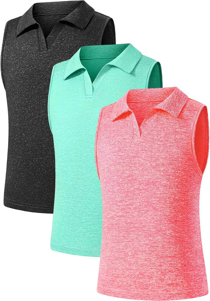 Star Vibe 3 Pack Youth Girls Sleeveless Polo Shirts V-Neck Lightweight Athletic T-Shirt Quick Dry Golf Tennis Tank Tops