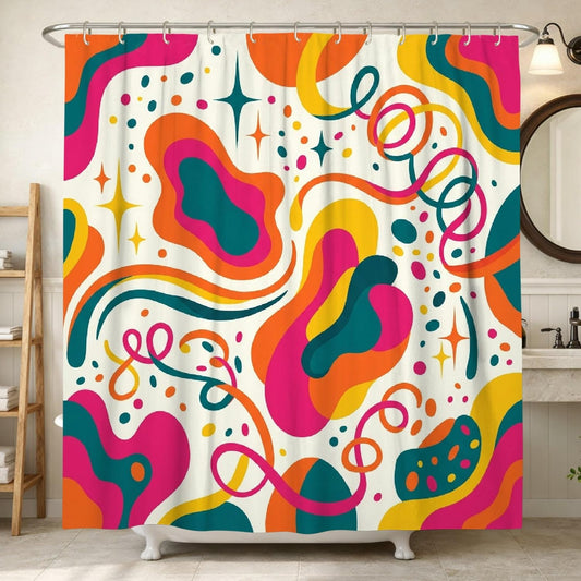 Swirls Shower Curtain, Modern Abstract Dots Curves Summer Peach Polyester Waterproof Design Print Bath Curtains for Bathroom Bathtub Apartment Decor 72x72 Inch