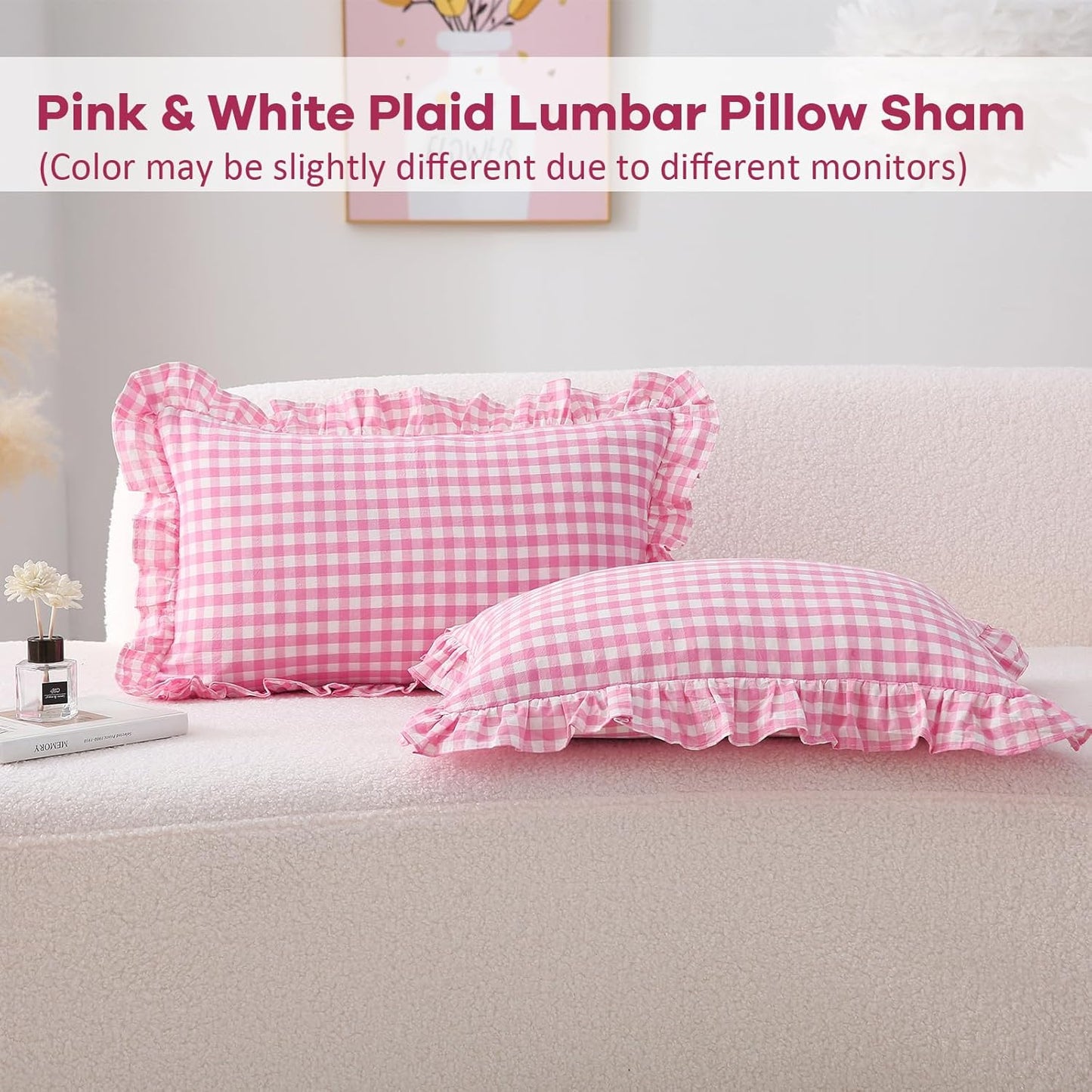 2 Pack Pink White Plaid Ruffle Gingham Throw Lumbar Pillow Shams, 100% Washed Cotton Girly Farmhouse Decorative Checkered Pillow Covers Zipper Closure - 20''x12''