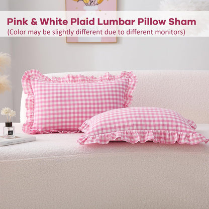 2 Pack Pink White Plaid Ruffle Gingham Throw Lumbar Pillow Shams, 100% Washed Cotton Girly Farmhouse Decorative Checkered Pillow Covers Zipper Closure - 20''x12''