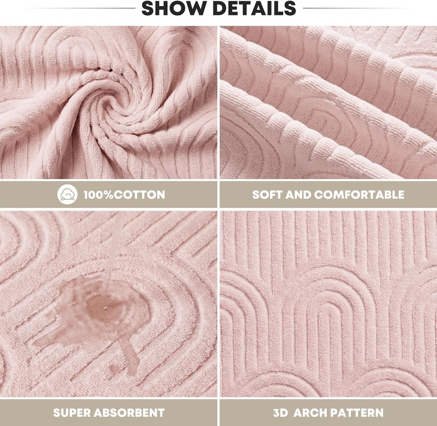 Artoid Mode 2 Pcs Pink 3D Arched Stripes Jacquard Hand Towels for Bathroom, 100% Cotton Soft Absorbent Bathroom Decor Towels, 13.7 x 29.5 Inch