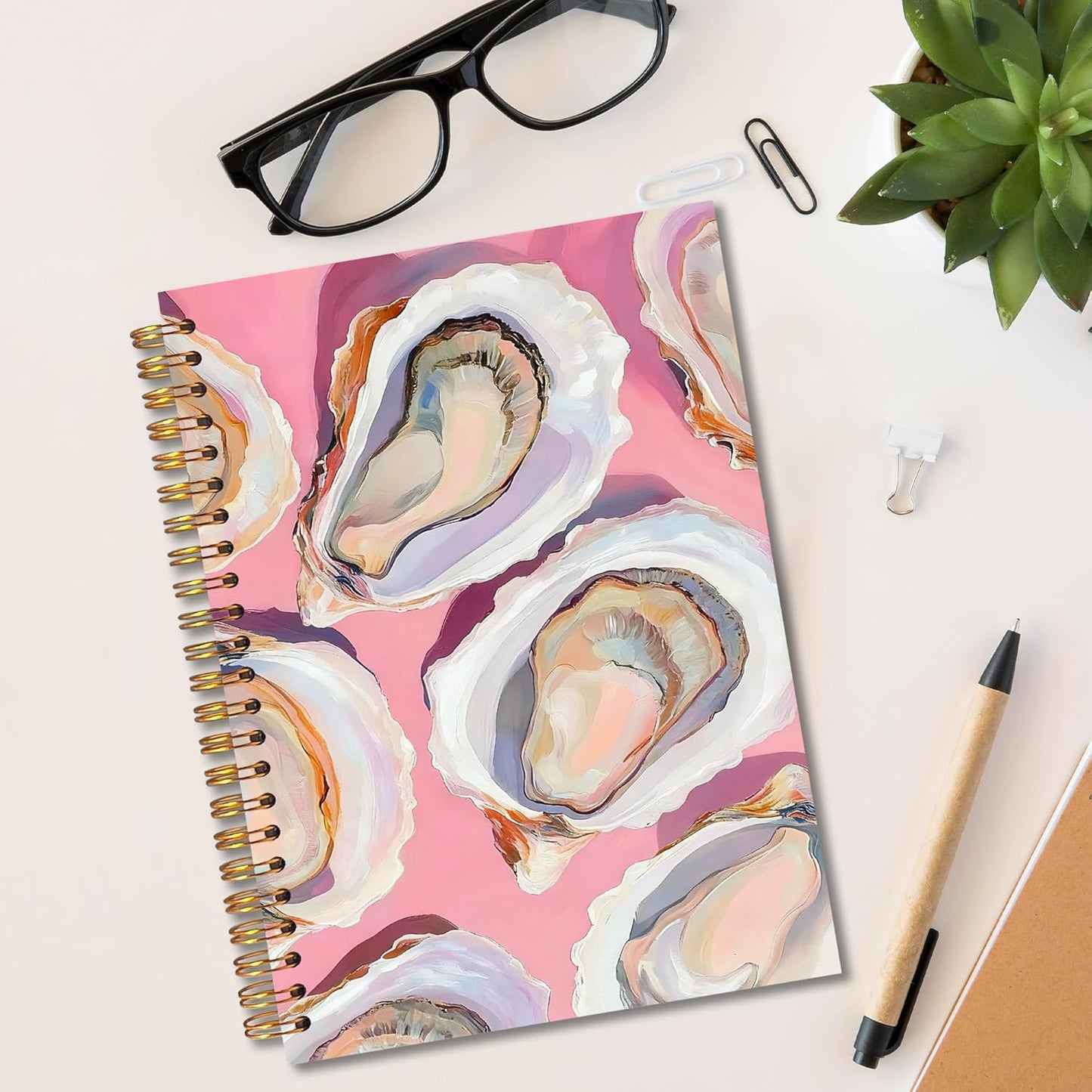 Pink Coastal Beach Oyster Shell Spiral Notebook 5.5x8.3, Pastel Ocean Beach Journal for Women, Oyster Gifts, Nautical Beachy Notebook for Note Taking