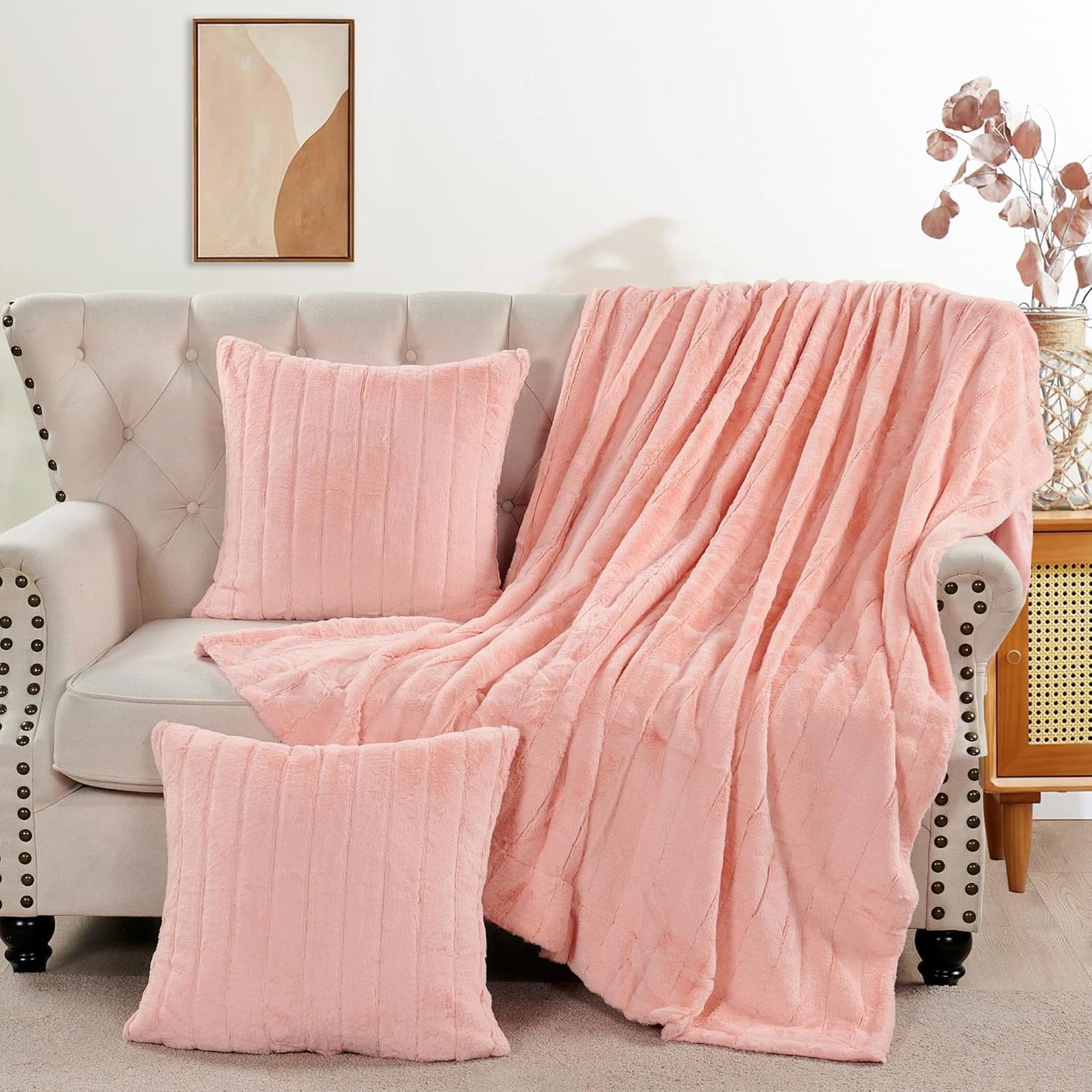 Striped Throw Blanket and Pillow Covers Set (No Inserts) for Couch and Bed, Plush Warm Lightweight Fuzzy Faux Fur Blanket for All Seasons (50" x 60", Pink)