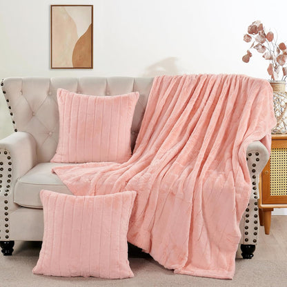 Striped Throw Blanket and Pillow Covers Set (No Inserts) for Couch and Bed, Plush Warm Lightweight Fuzzy Faux Fur Blanket for All Seasons (50" x 60", Pink)