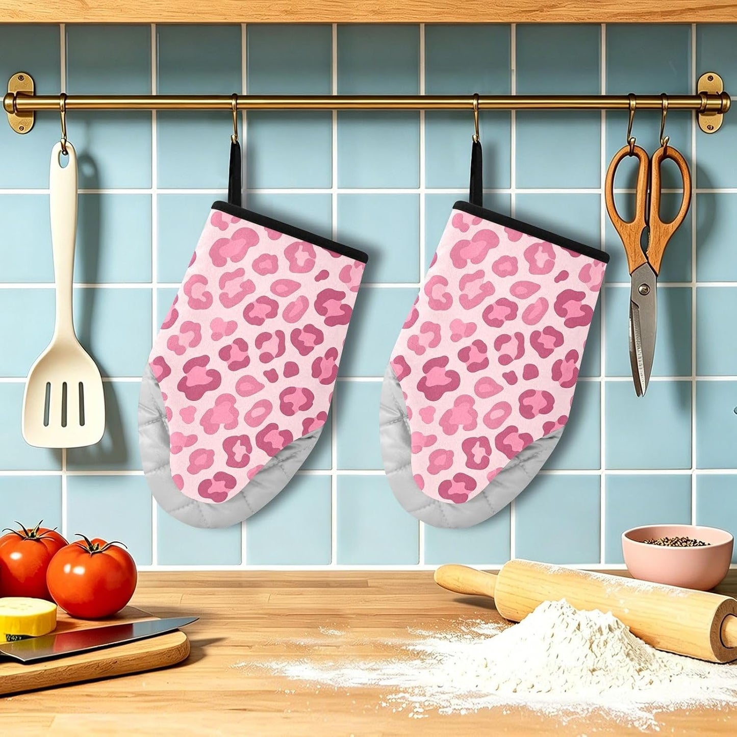 Oven Mitt 2 Pack Set Cute Pink Leopard Print Kitchen Mitts Gloves for for Cooking Baking Grilling