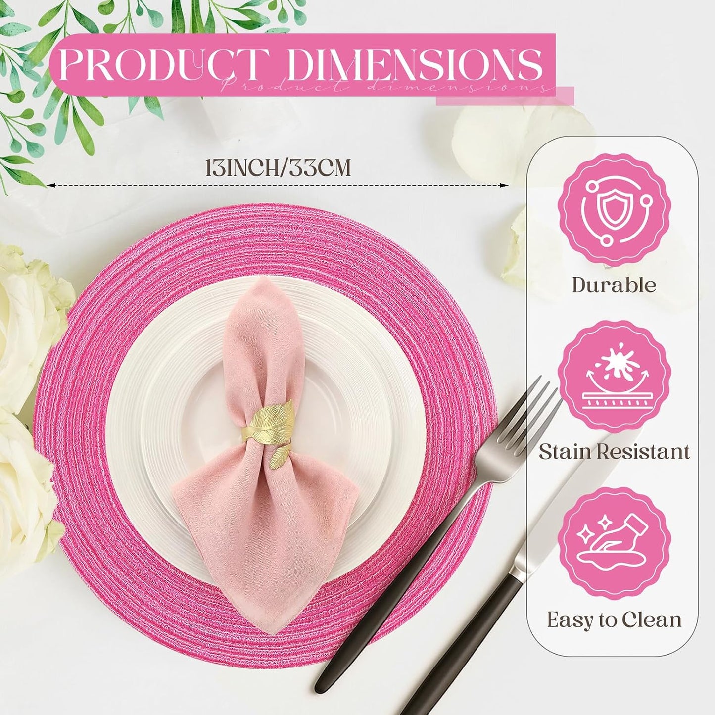 Geosar 100 Pcs Disposable Paper Placemats Cotton Woven Look 13'' Round Placemats Rustic Disposable Table Pads Bulk for Dining Table Decoration Birthday Wedding Bridal Baby Shower Party (Pink)