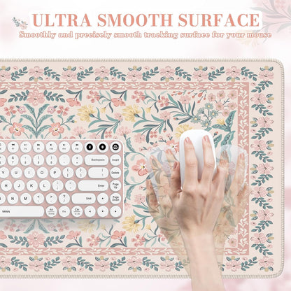iCasso Pink Floral Desk Mat, Desk Pad, XXL Large Mouse Pad, Anti-Slip Big Mousepad with Stitched Edges, Computer Mouse Pads for Desktop Decor, Cute Office Desk Accessories for Women(Pink)