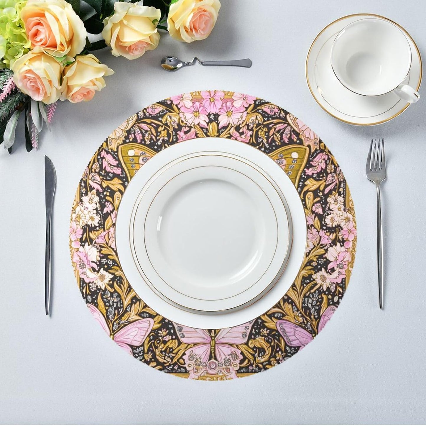 Retro Butterflies Pattern Gold and Peach Round placements Reusable placemats Washable placemats for Dining Table Table Settings for Dining Table Decor placemats Heat Resistant Waterproof Round