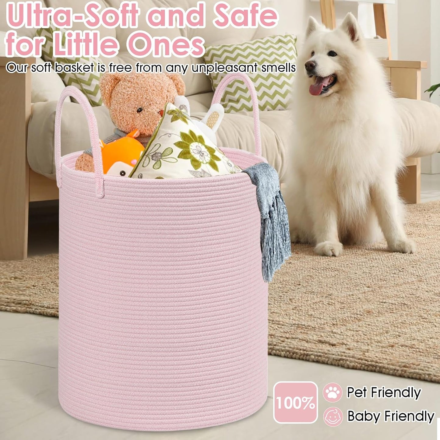 Cotton Rope Storage Basket with Handles, Large 60L Collapsible Laundry Hamper for Clothes, Sturdy Nursery Organizer Blanket Basket for Living Room,Toy Bin for Kids Bed Room,15"x15"x18",Pink