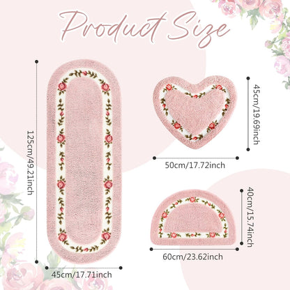 Drydiet 3 Pcs Rose Flowers Coquette Bathroom Rugs Set Rose Flower Area Rugs Non Slip Absorbent Washable Door Mat Floral Bathroom Carpet Coquette Decoration for Home Hotel, 3 Shapes(Pink)