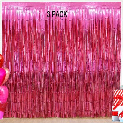 Valentine's Day Party Decorations, 3 Pack 3.2x8.2ft Hot Pink Metallic Foil Fringe Curtain Streamer Backdrop for Bachelorette Birthday Party Supplies