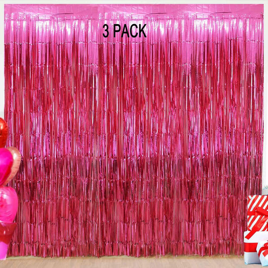 Valentine's Day Party Decorations, 3 Pack 3.2x8.2ft Hot Pink Metallic Foil Fringe Curtain Streamer Backdrop for Bachelorette Birthday Party Supplies