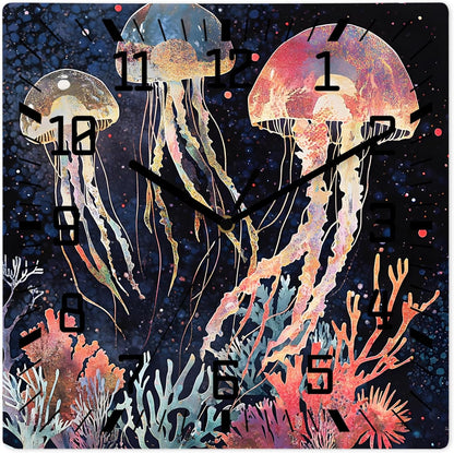 Wall Clock 10in Pink Blue Jellyfish Silent Non Ticking Square Wall Clock Coral Decorative Clock for Living Room Bedroom Office Kitchen Decor