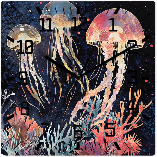 Wall Clock 10in Pink Blue Jellyfish Silent Non Ticking Square Wall Clock Coral Decorative Clock for Living Room Bedroom Office Kitchen Decor