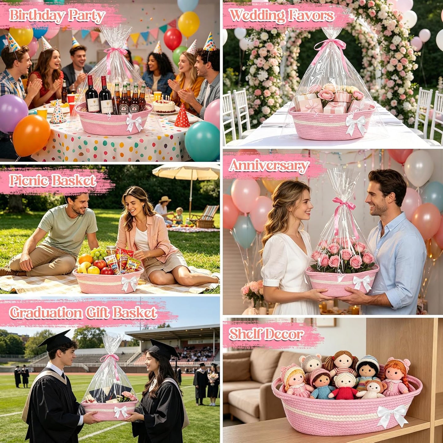 LuxDuo 3 Set Pink Basket for Gift Empty,13"x 6"x 7" Woven Basket with Gift Bag & Cards,Bow Basket with Ribbons & Tulle for Wedding,Graduation,Gifts,Girls,Party Favors & Home Storage