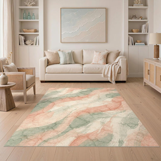 5'x7' Washable Watercolor Abstract Area Rug, Coral Flatwoven Floor Covering for Dining Room, Under Table, Home Office, Non-Slip Chair-Friendly Carpet | Ref:2162479