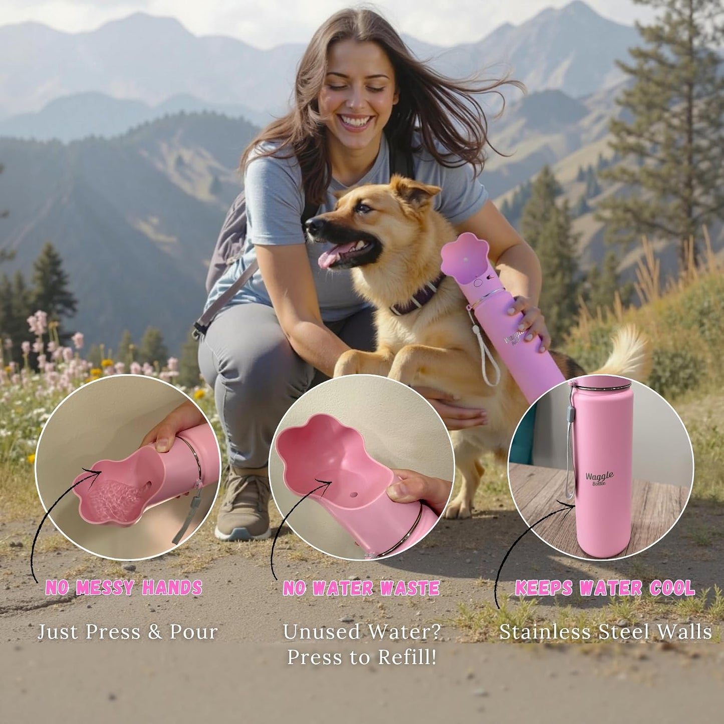 Stainless Steel Dog Travel Water Bottle, Vacuum Insulated Portable Dog Water Dispenser, Drink Cup and Snack Container On The Go, Outdoor Walking, Hiking, Travel (Pink)