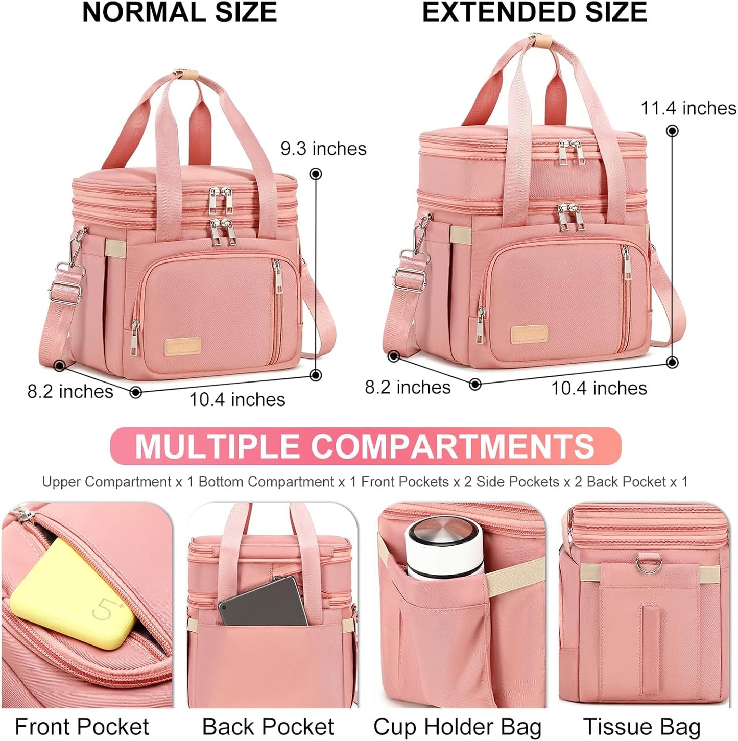 MAPLELILY Lunch Box for Men Women - Double Deck Insulated Lunch Bag, Large Leak Proof Tote Cooler, Wide Open Dual Compartment Lunch Bags with Shoulder Strap, For Work Picnic Hiking Beach, Pink