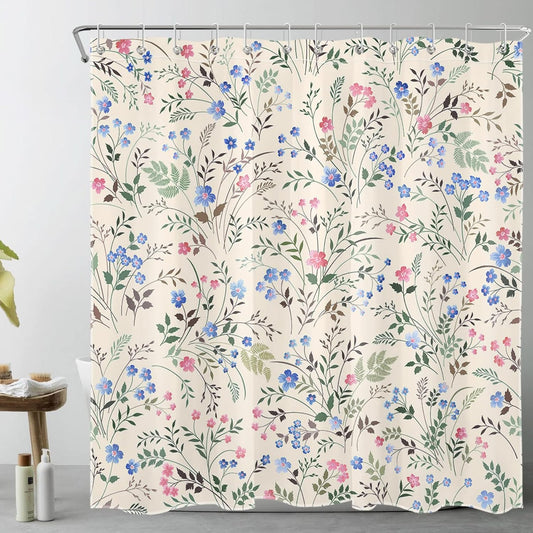 Blue and Pink Wildflower Shower Curtain for Bathroom Green Plant with Floral Shower Curtain Aesthetic Cottagecore Botanical Beige Shower Curtain Set with Hooks,72x72 inch