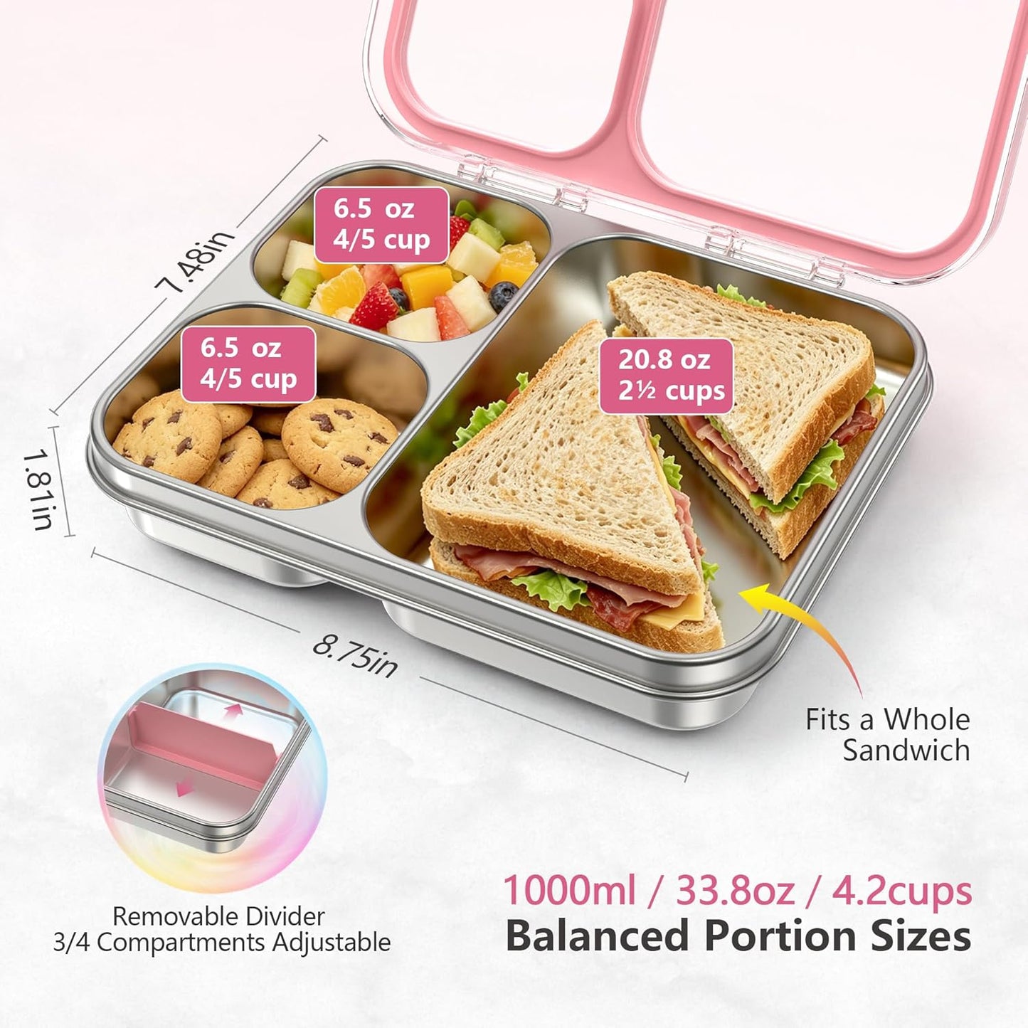 Stainless Steel Bento Lunch Box, 34oz/1000ml Leak Proof Metal Container, Lightweight 3mm Ultra-Narrow Bezel with Tritan Lid for Kids & Adults, 3-Compartment, BPA/BPS Free, Dishwasher Safe, Pink