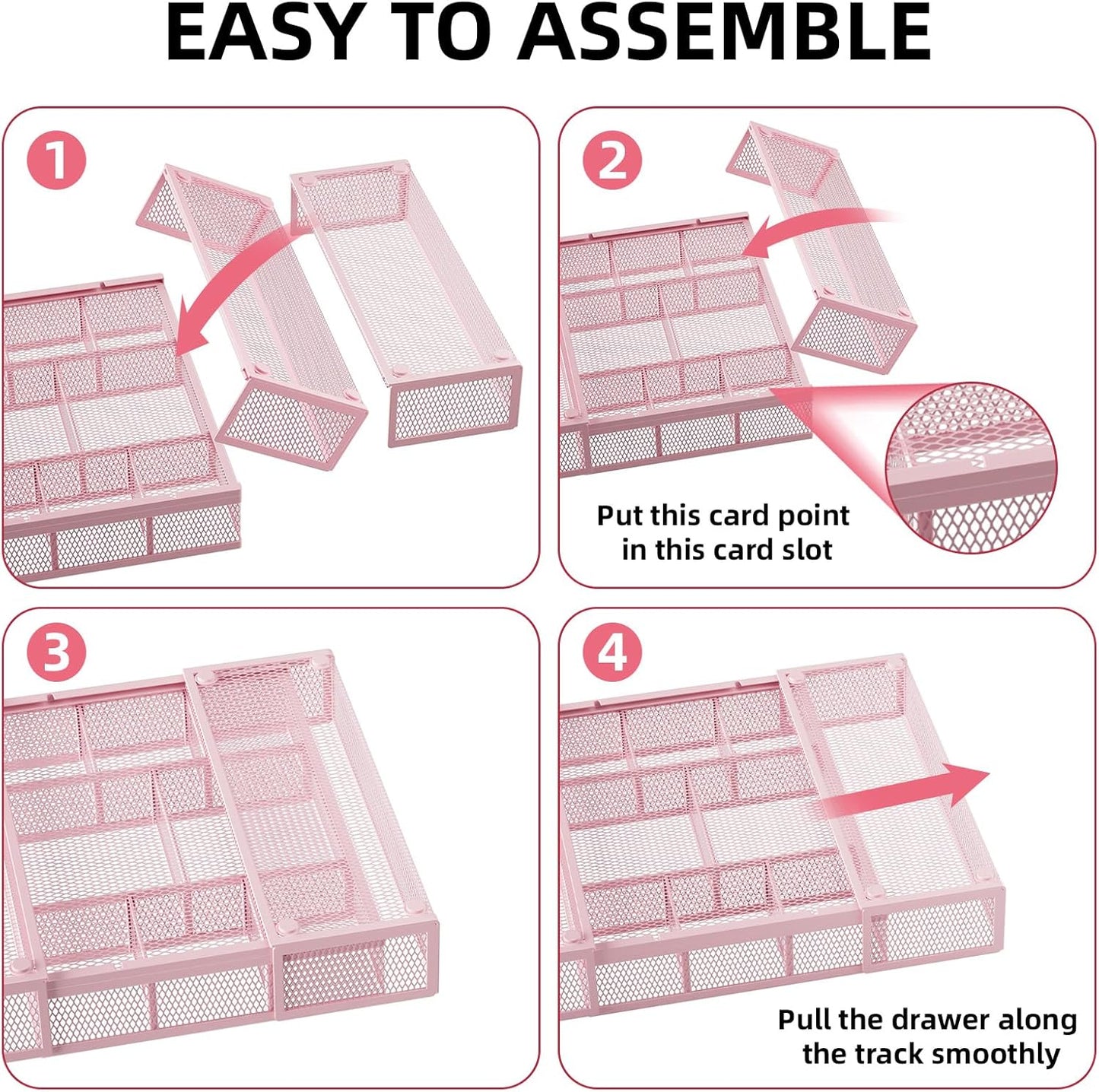 Marbrasse Expandable Desk Drawer Organizer, Mesh Tray with 10 Adjustable Compartments, Desk Organizers for Office Supplies, Makeup & Vanity (Expandable-Pink)