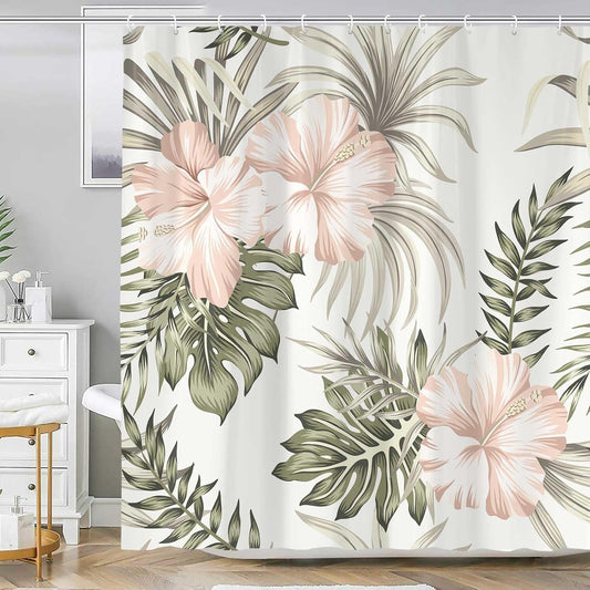 Tropical Floral Plant Shower Curtain for Bathroom, Vintage Hibiscus Flower Palm Leaves Sage Green Pink Shower Curtains Set, Foliage Fabric Bathroom Accessories with Hooks 72 x 72