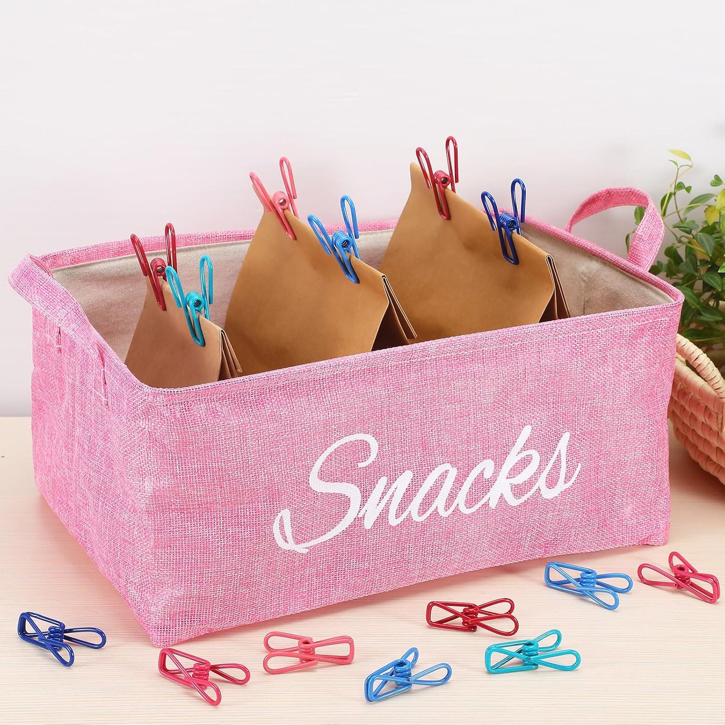 Newtay 17 Pcs Snack Basket Sets, Snack Storage Bin for Pantry Shelves with 16 Pcs 2 Inch Chip Clips, Basket Organizer for Kitchen Home, Chips, Popcorn, Candy, Pretzels (Pink,Burlap)