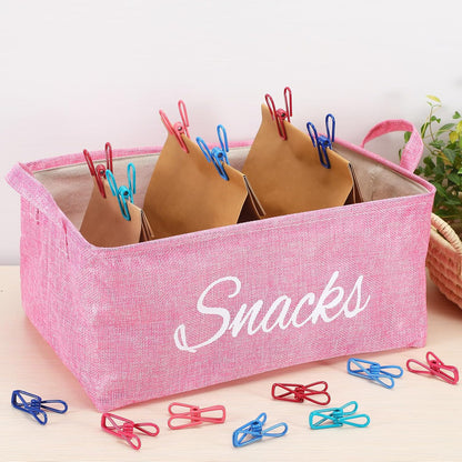 Newtay 17 Pcs Snack Basket Sets, Snack Storage Bin for Pantry Shelves with 16 Pcs 2 Inch Chip Clips, Basket Organizer for Kitchen Home, Chips, Popcorn, Candy, Pretzels (Pink,Burlap)