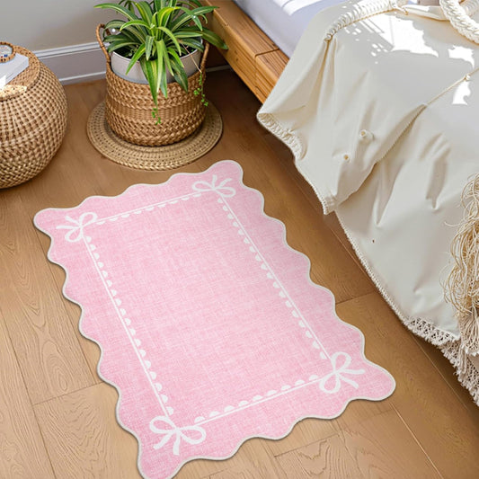 GarveeHome Scalloped Bow Rug for Kitchen Floor, Solid Pink Rug for Dorm, Washable Entryway Rugs 2x3 Soft Low Pile Non Slip Scalloped Rugs for Nursery Bedroom Decor Hallway