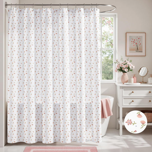 HOMEIDEAS Pink Floral Shower Curtain, Vintage Ditsy Print for Cottagecore Bathroom, 150GSM Heavy Duty Waterproof, 12 Stainless Steel Hooks, Machine Washable, 72x72 Inch