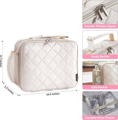 Insulated Lunch Bag - Quilted Lunch Box for Women with Sturdy Handle, Spacious Capacity Lunch Tote with Aluminum Foil Lining 6 Hour Insulation, Easy to Clean Lunch Box, Pink
