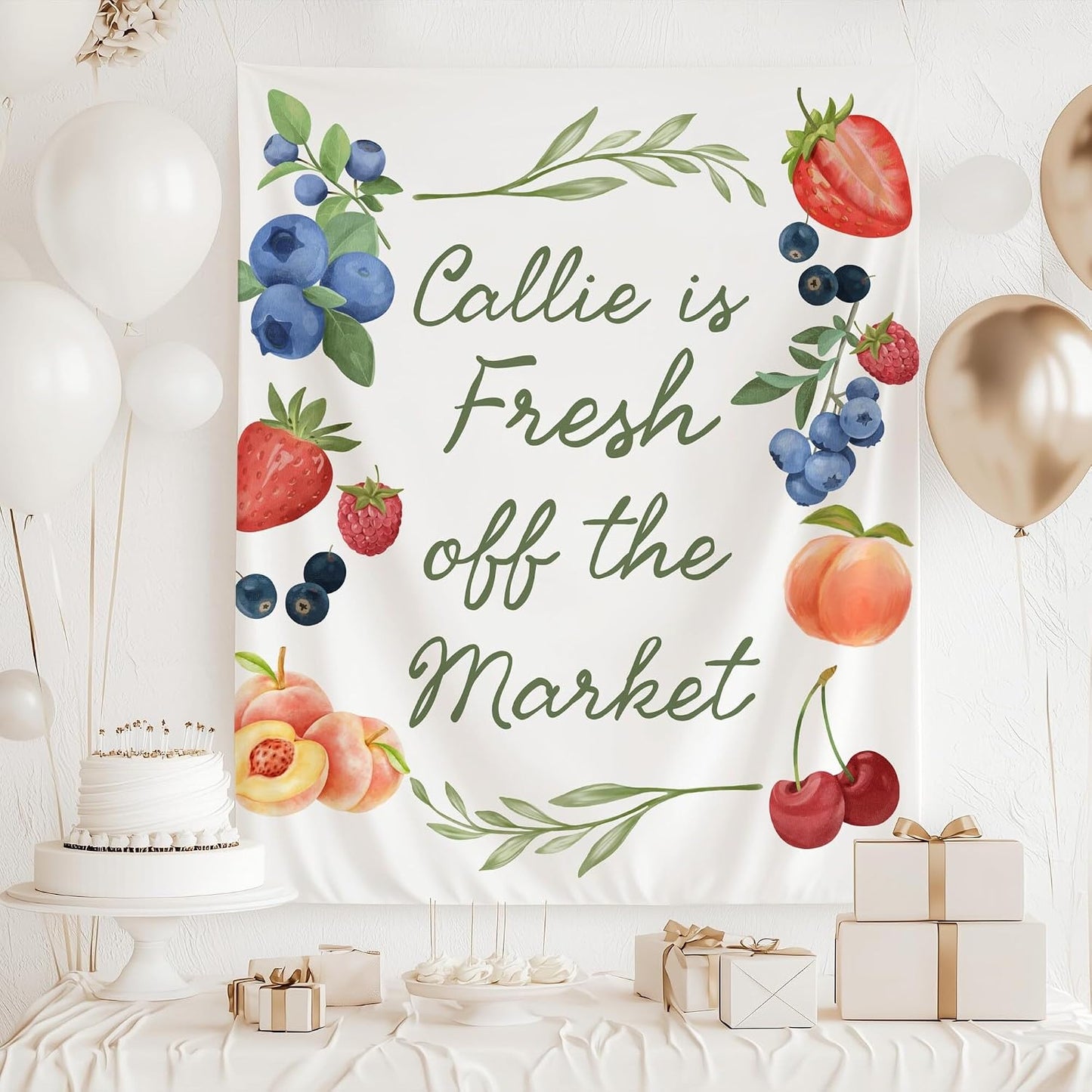 Fresh Off the Market Bridal Shower Banner, Berry Sweet Fruit Theme Backdrop, Personalized Bride to Be Party Decor, Summer Garden Wedding Shower Sign, Peach Cherry Floral Banner, Photo Booth Background