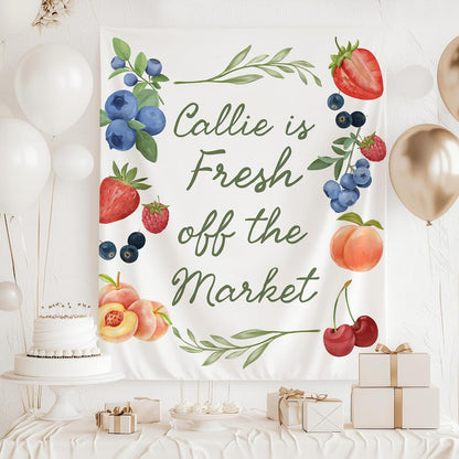 Fresh Off the Market Bridal Shower Banner, Berry Sweet Fruit Theme Backdrop, Personalized Bride to Be Party Decor, Summer Garden Wedding Shower Sign, Peach Cherry Floral Banner, Photo Booth Background
