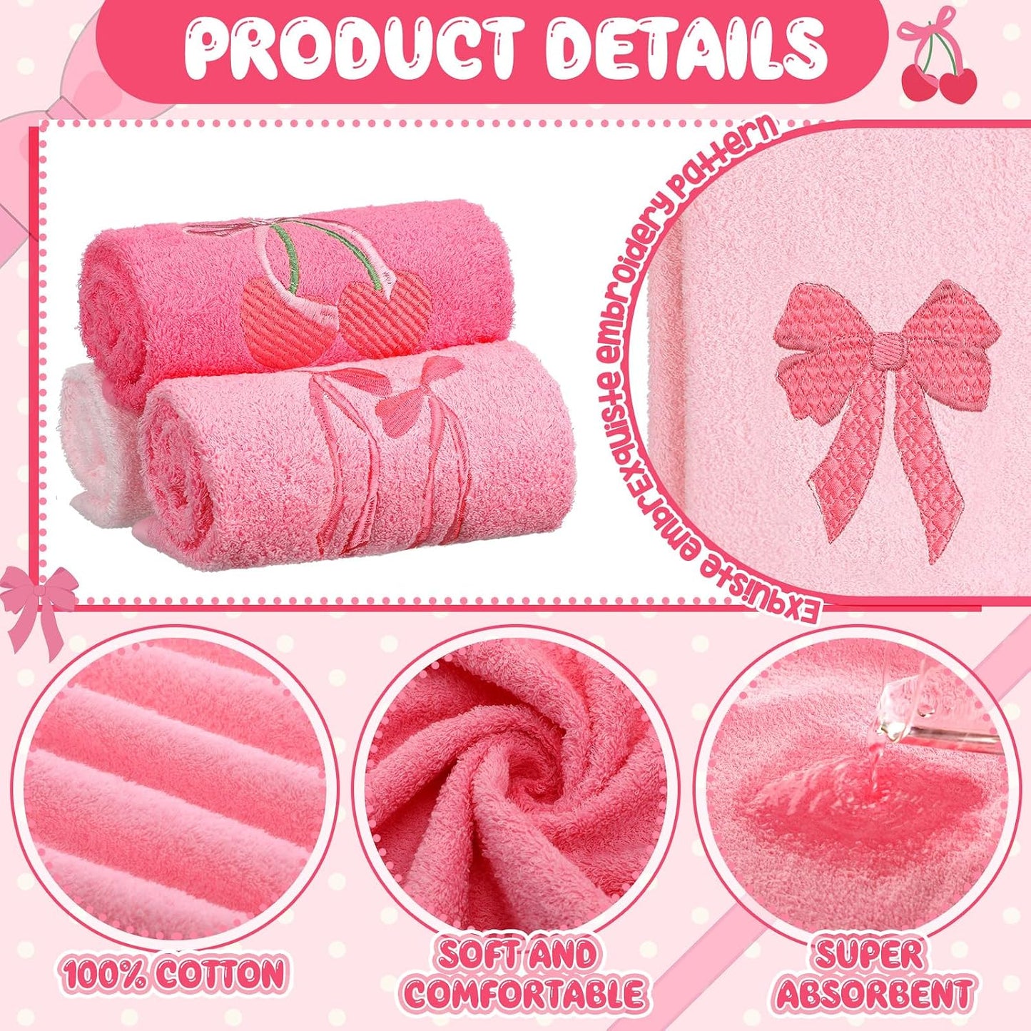 FuWeave 3 Pcs Pink Hand Towels for Bathroom Coquette Bow Embroidered Decorative Towel 100% Cotton Soft Absorbent Kitchen Facecloth Preppy Bathroom Decor Bridal Shower Wedding Gift 13.7 x 29.5''