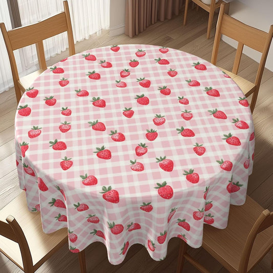 Famame Pink Gingham Cute Strawberry Round Tablecloth 60 inch Table Covers Stain Winkle Resistant Washable Tablecloths for Kitchen Indoor Outdoor Party